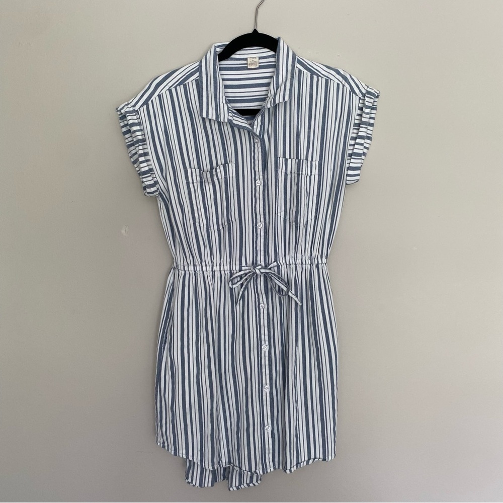 Japna Chambray Stripe Dress Beach Cover Pockets Drawstring Cuff Sleeve Size M